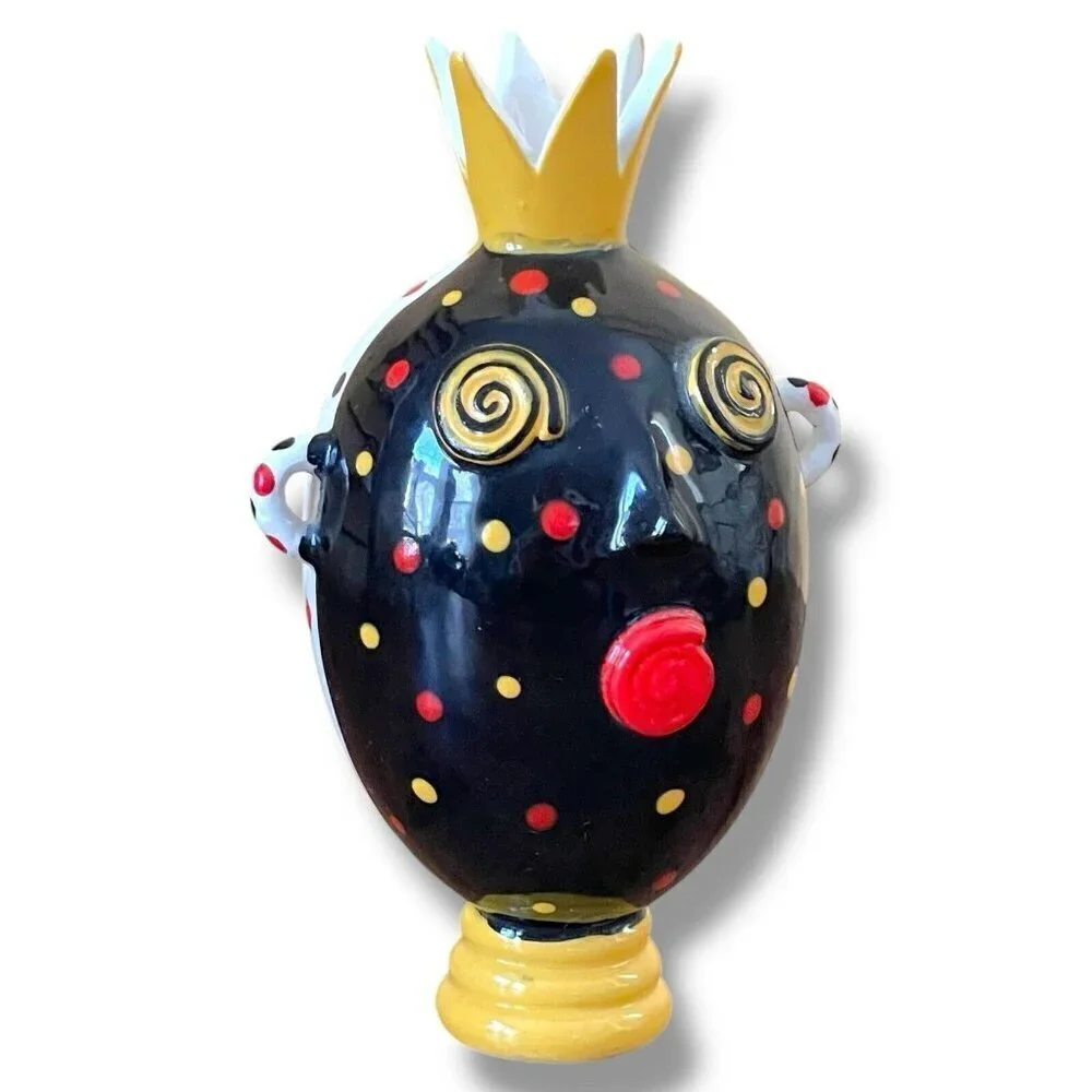 Anita Griffith Art Pottery Bud Vase Whimsical Face with Crown Polka Dot Signed